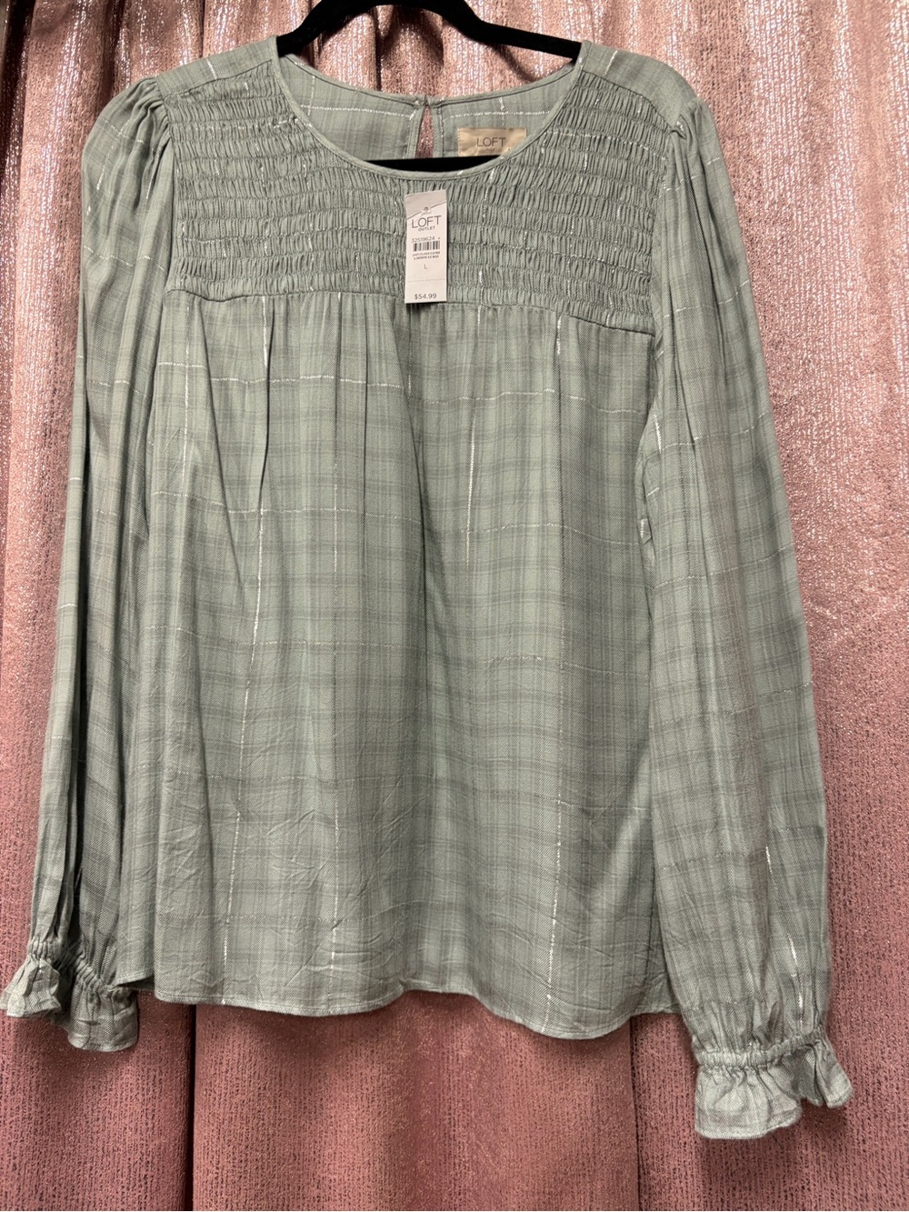 LOFT Sage Green Smocked Yoke Long Sleeve Top